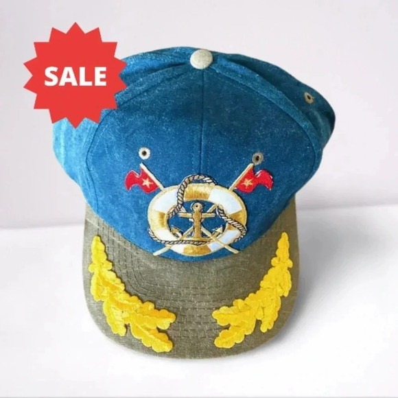 Women's Cap Sun Hat in Denim Blue & Khaki with Marine Sailor Embroidered Design - Picture 1 of 8